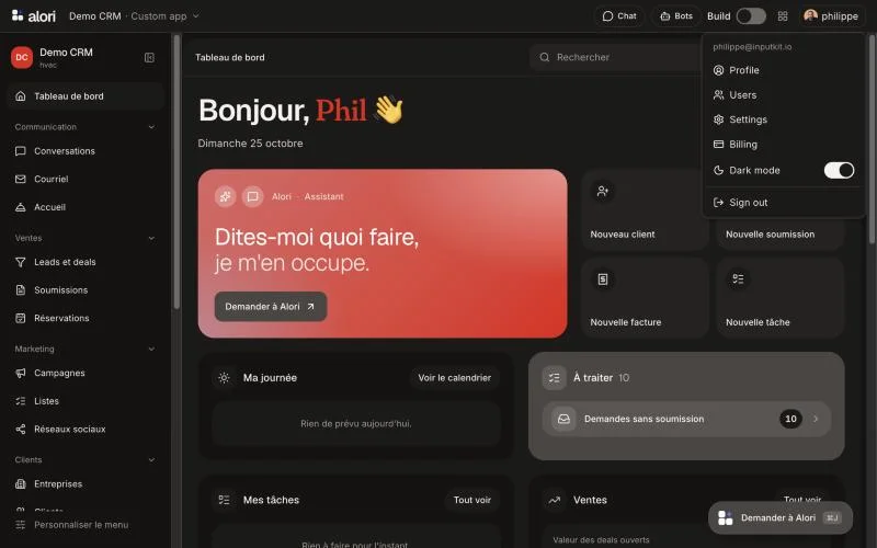 The Sign out button in Alori's account menu