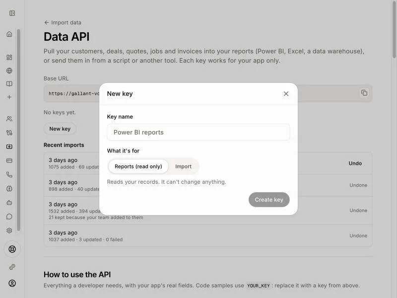 The New key window with Reports (read only) picked