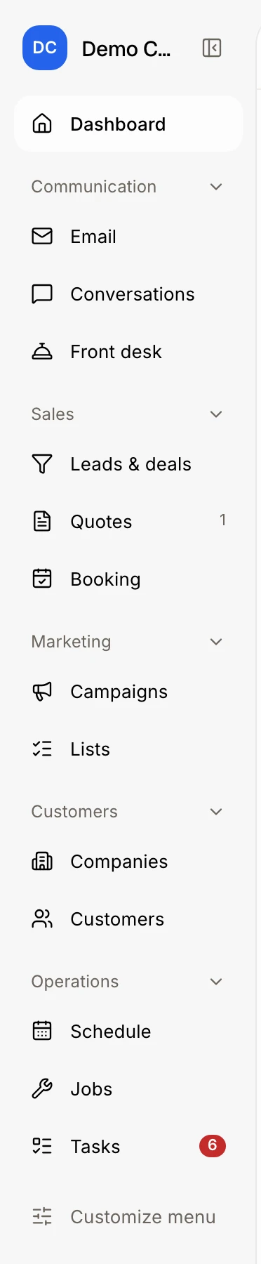 The team app's menu, with the tools you picked