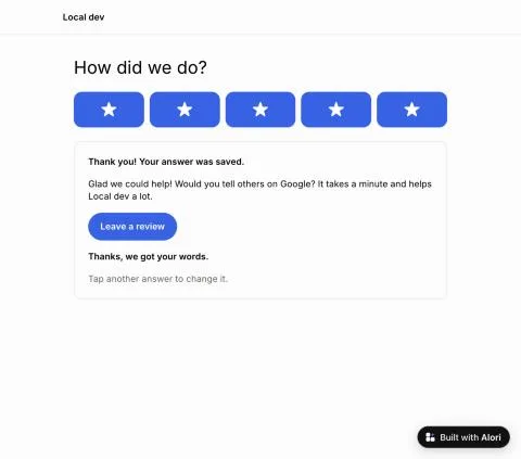 The thank-you page after 5 stars, with Leave a review