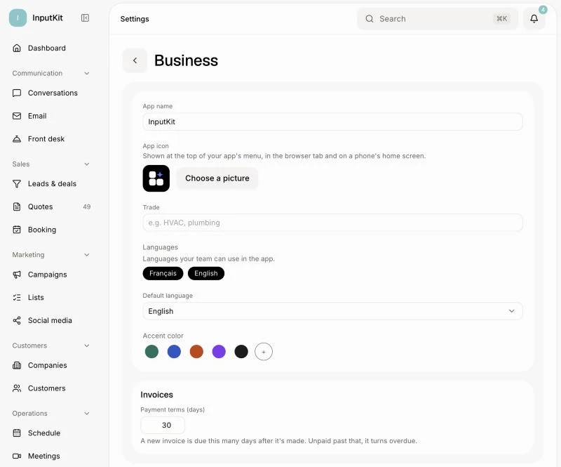 The Business settings