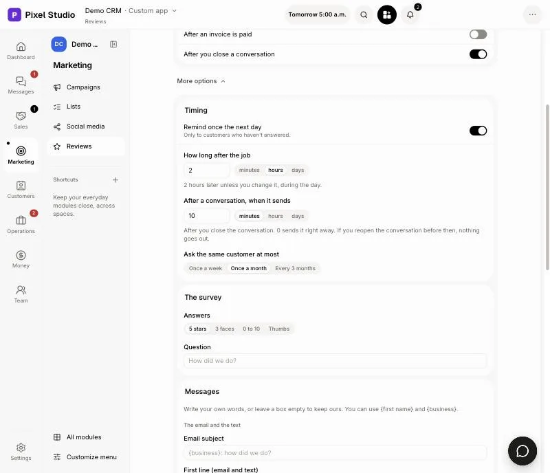 The survey's answers, question and timing