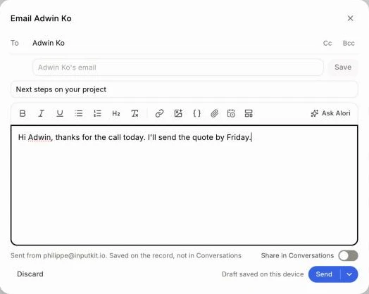 The email box on a deal's page with Share in Conversations off