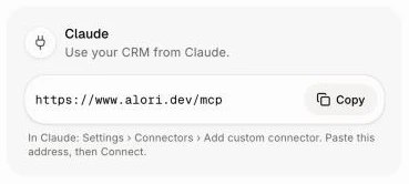 Claude in Alori's Settings, with the address and Copy