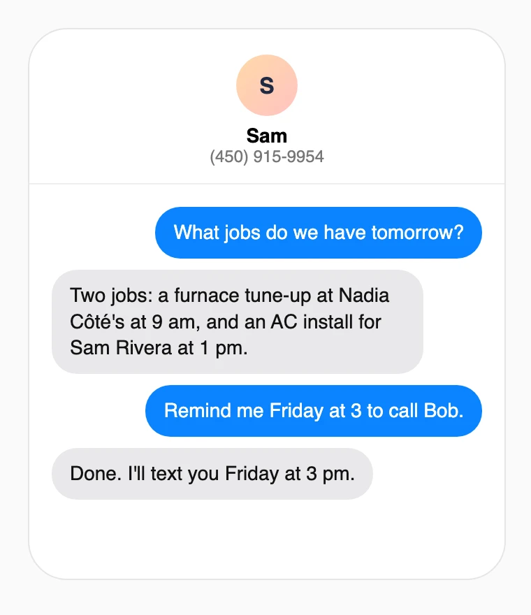 A text conversation with Sam on a phone