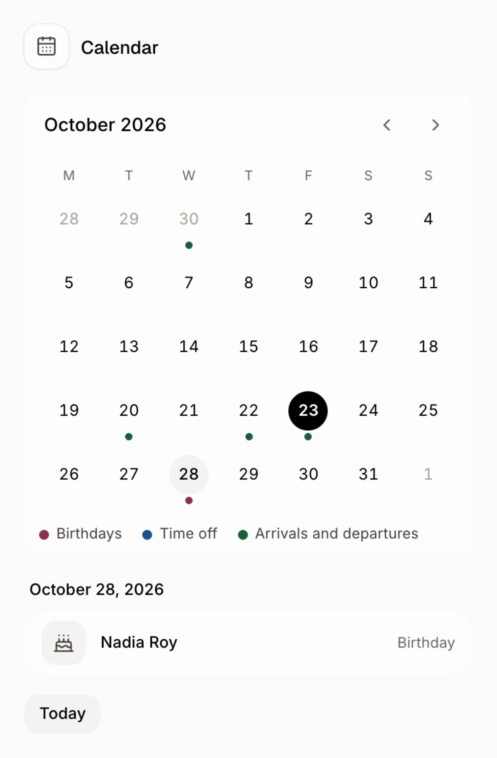 Le calendrier avec un anniversaire sélectionné le 28
