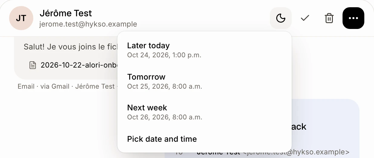 The Snooze menu at the top of a thread