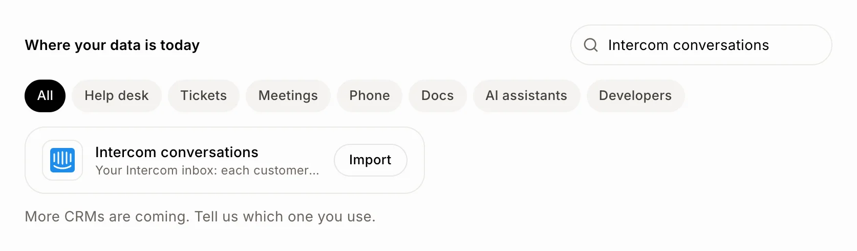 Intercom conversations on the Import data page, with its Import button