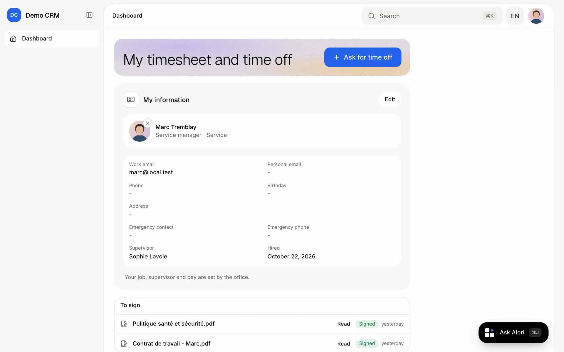 An employee's Dashboard: their own page, nothing else