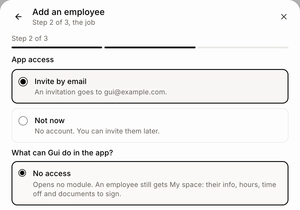 App access: Invite by email, with No access picked for you