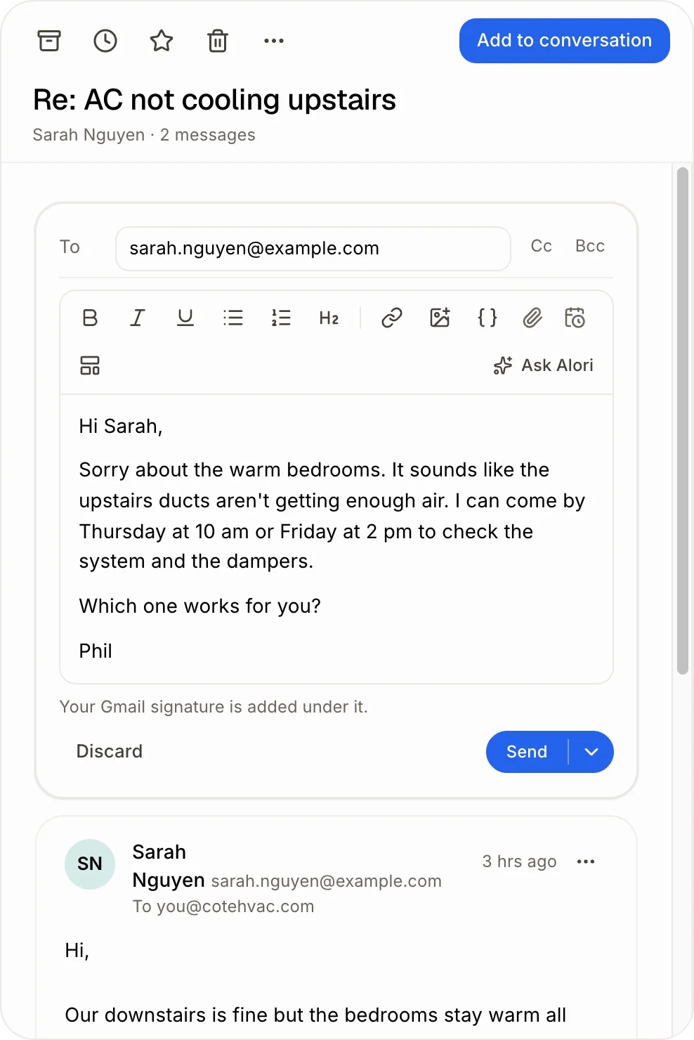 A drafted reply above the email, ready to send