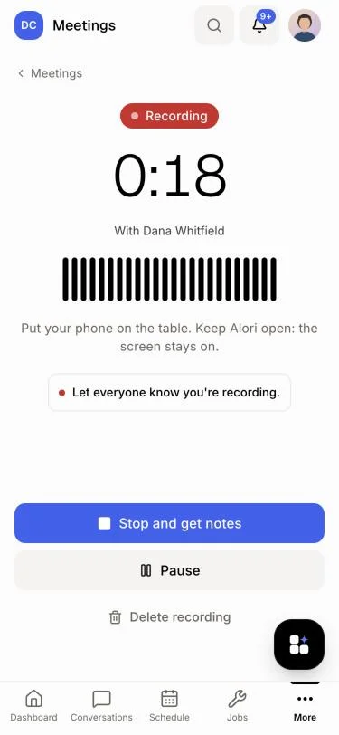 The recording screen with Stop and get notes and Pause