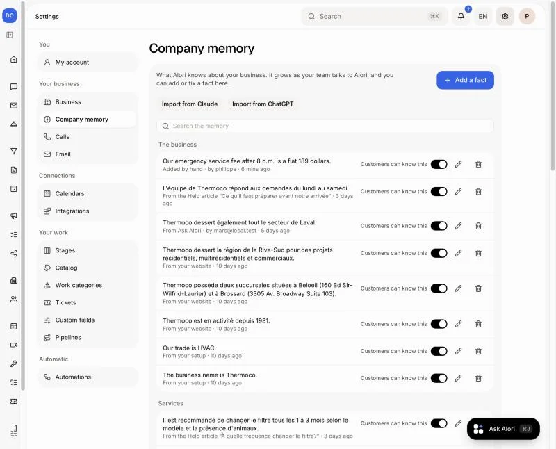 Mémoire de l'entreprise dans les Paramètres du CRM