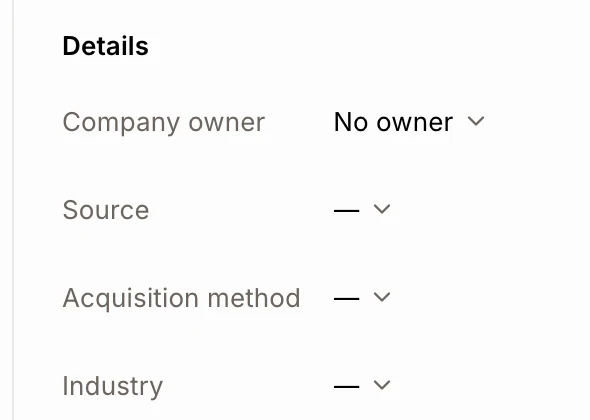 The Details of a company: Company owner, Source, Acquisition method and Industry