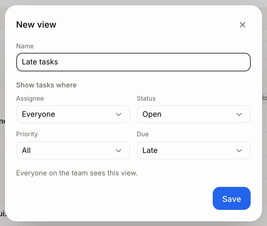 The New view window with Status Open and Due Late