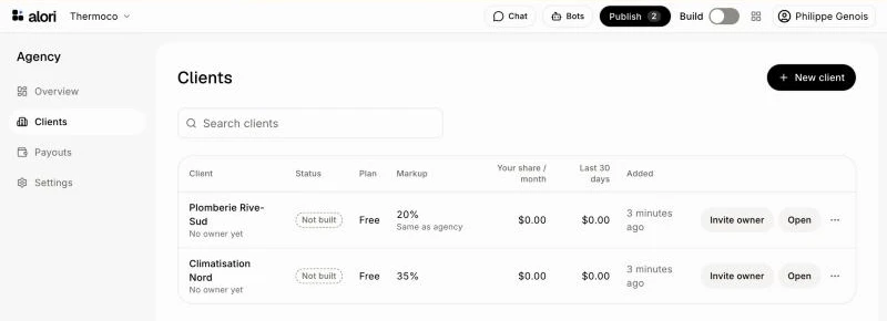 The Clients list with each client's markup, Invite owner and Open