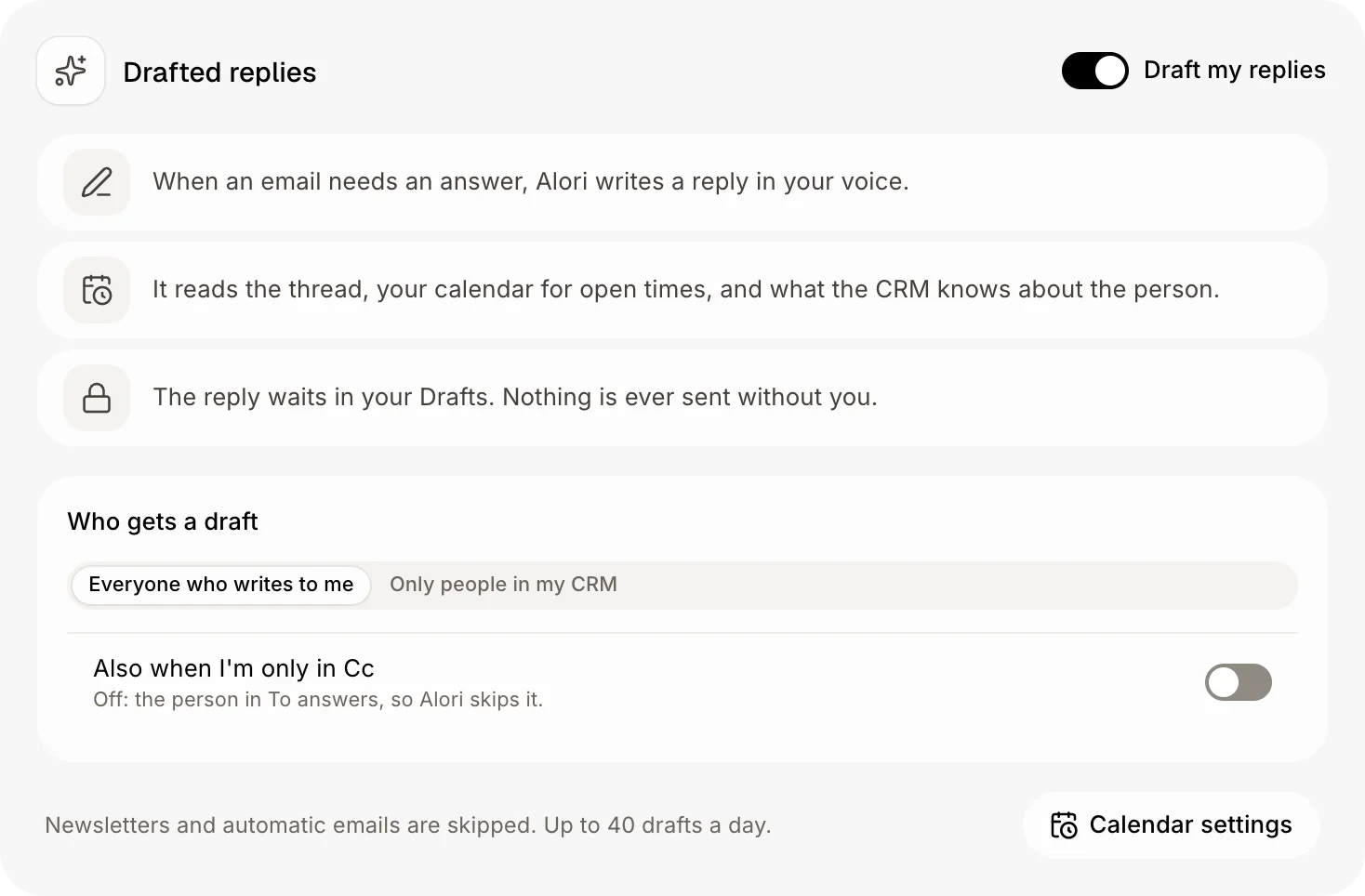 The Drafted replies card