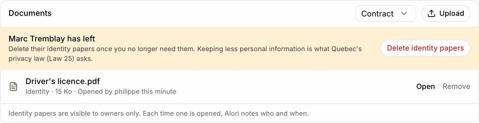 Documents of someone who left, with Delete identity papers