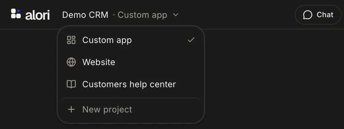 The projects menu, open beside the business name