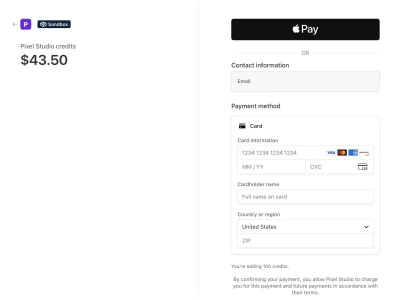 Page de paiement d'un client avec le nom de l'agence, le logo et le prix majoré
