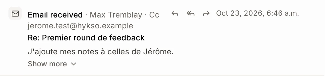 An email in the History with Reply, Reply all and Forward next to its time