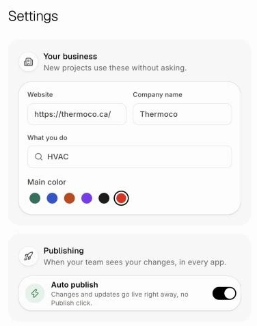 Settings, with Auto publish turned on under Publishing
