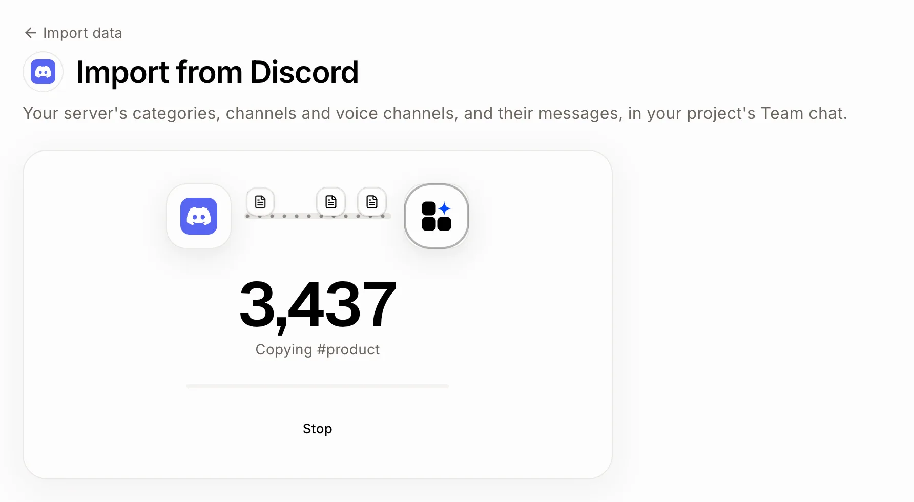 The import copying a channel's messages, with Stop