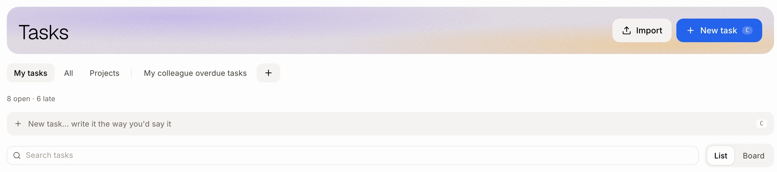 The Tasks tabs with + at the end