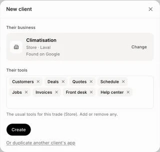 The New client window with a business found on Google and its tools