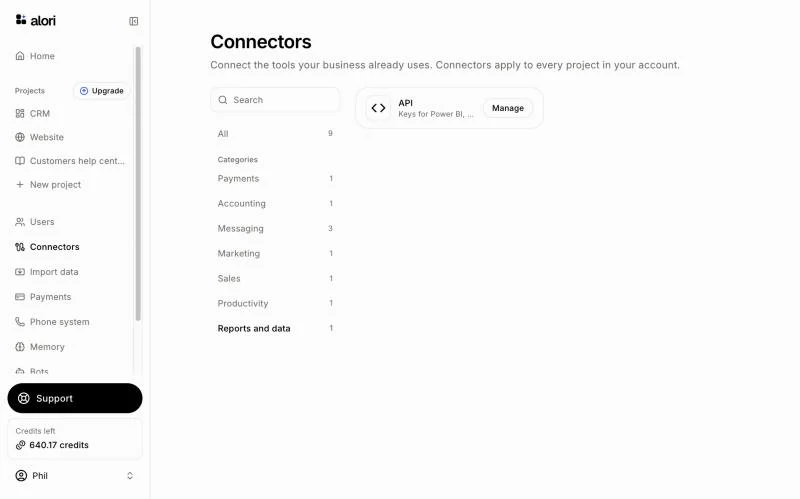 The API card on the Connectors page