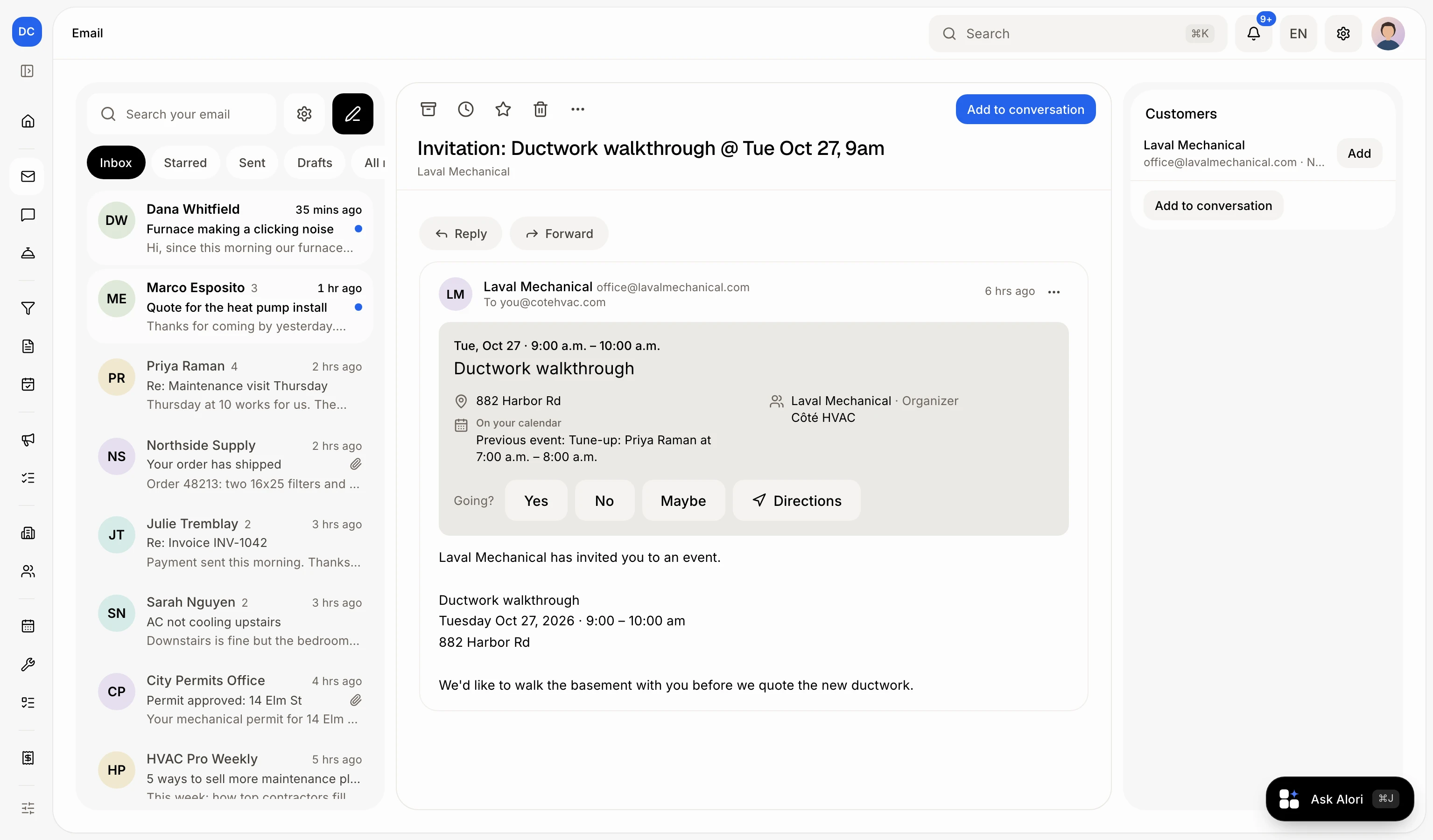 An invitation card on the Email page