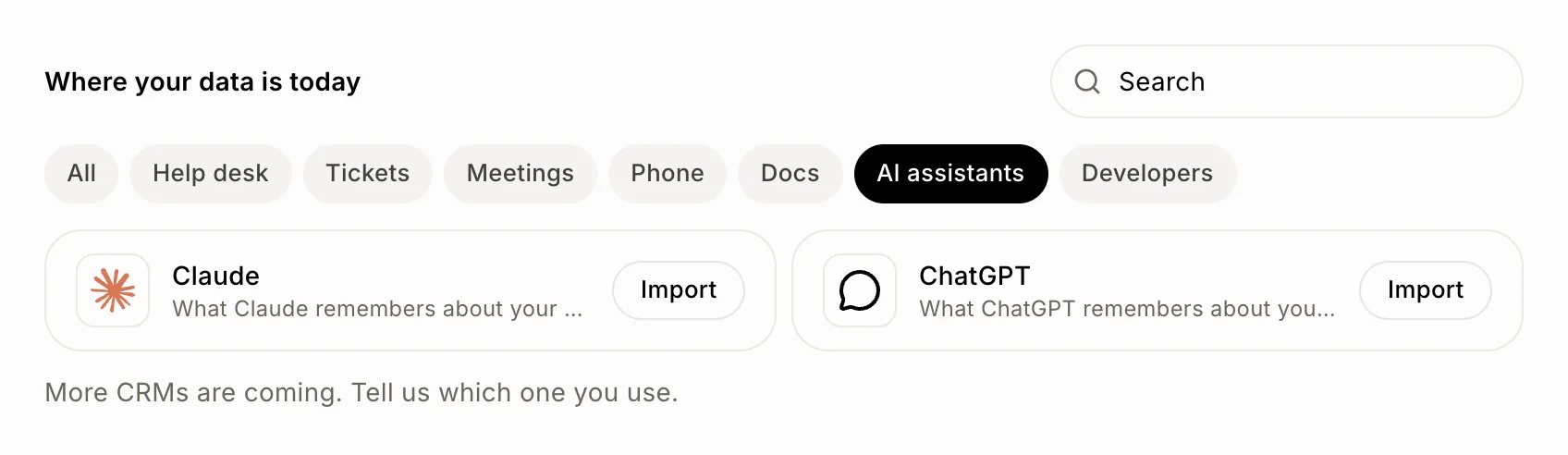 Claude and ChatGPT under AI assistants on the Import data page