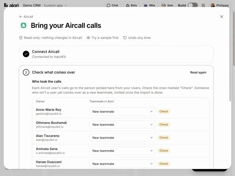 Who took the calls: each Aircall user with the teammate their calls go to