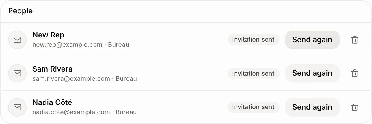 Three people with Invitation sent and Send again under People