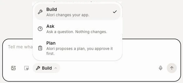 The mode menu open above the chat box