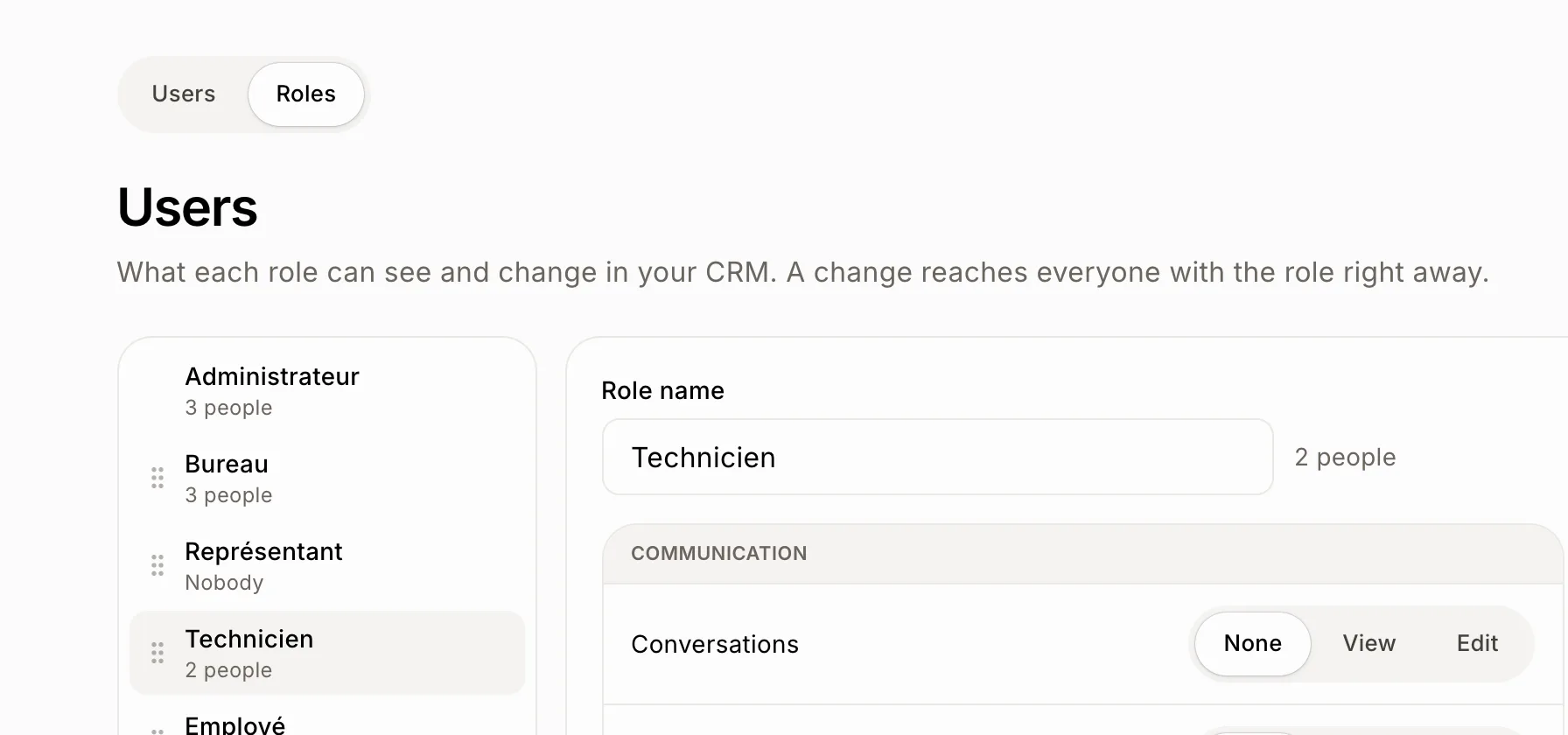 The Roles tab, with the list of roles on the left and the open role on the right
