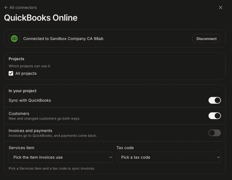 The QuickBooks Online page with the sync switches