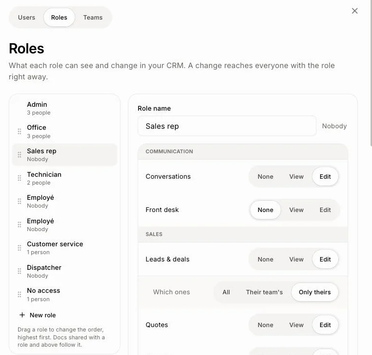 The Roles tab, with the list of roles on the left and the open role on the right