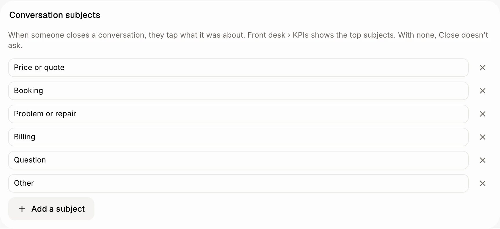 The Conversation subjects card in Front desk › Settings