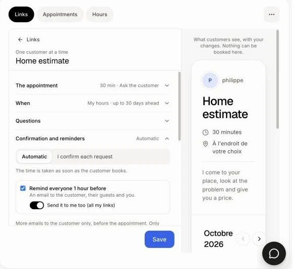 The Confirmation and reminders section of a link