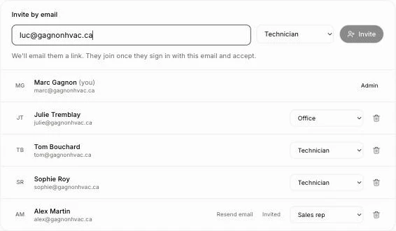 The Invite by email box with an email typed and Technician picked