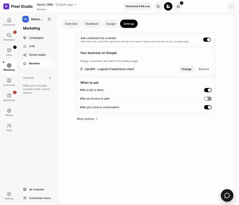 Reviews' Settings with Ask customers for a review and When to ask