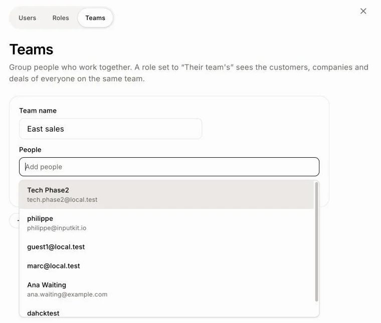 The Add people list open under a team, with the team's people to pick