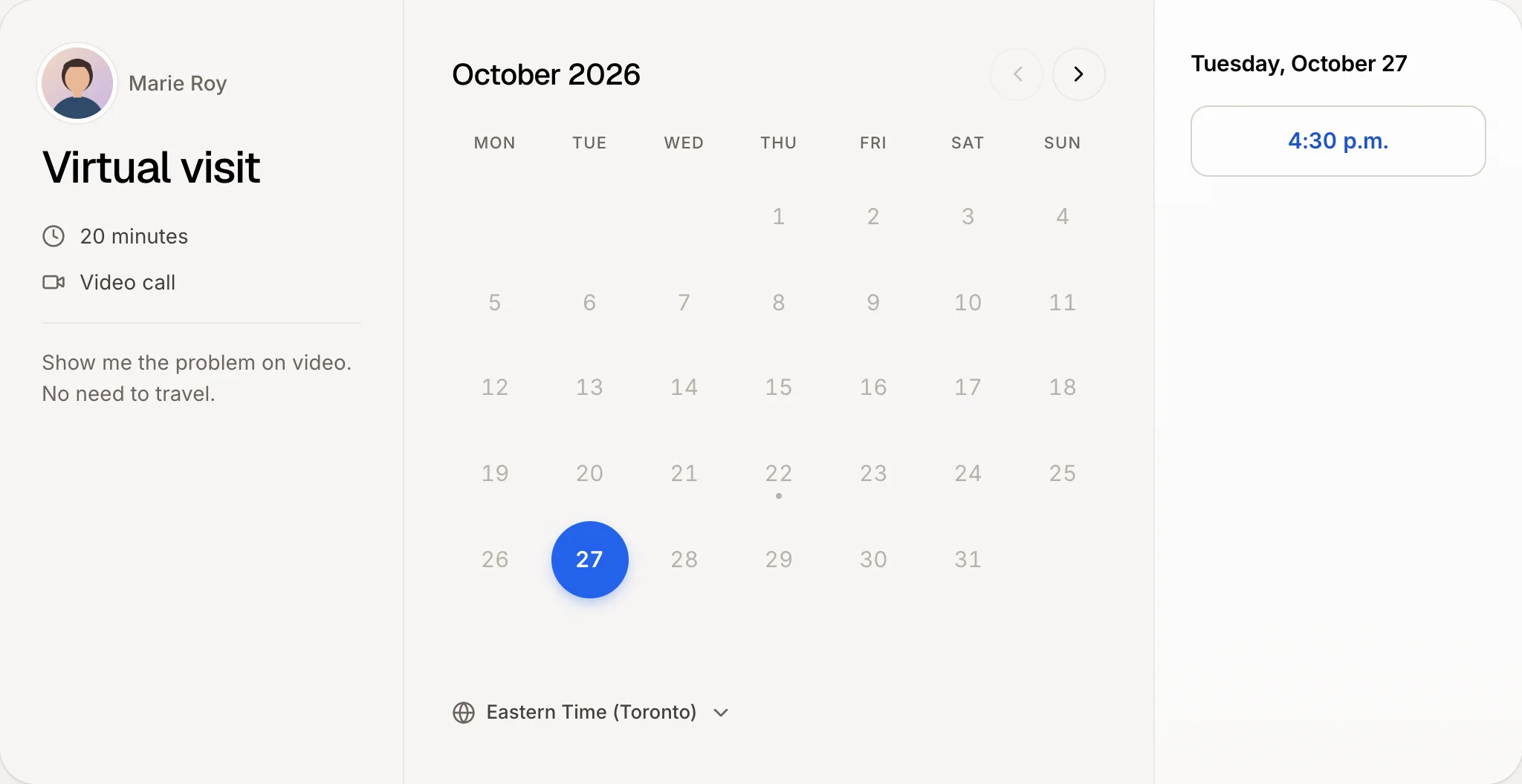 A booking page with the photo beside the person's name