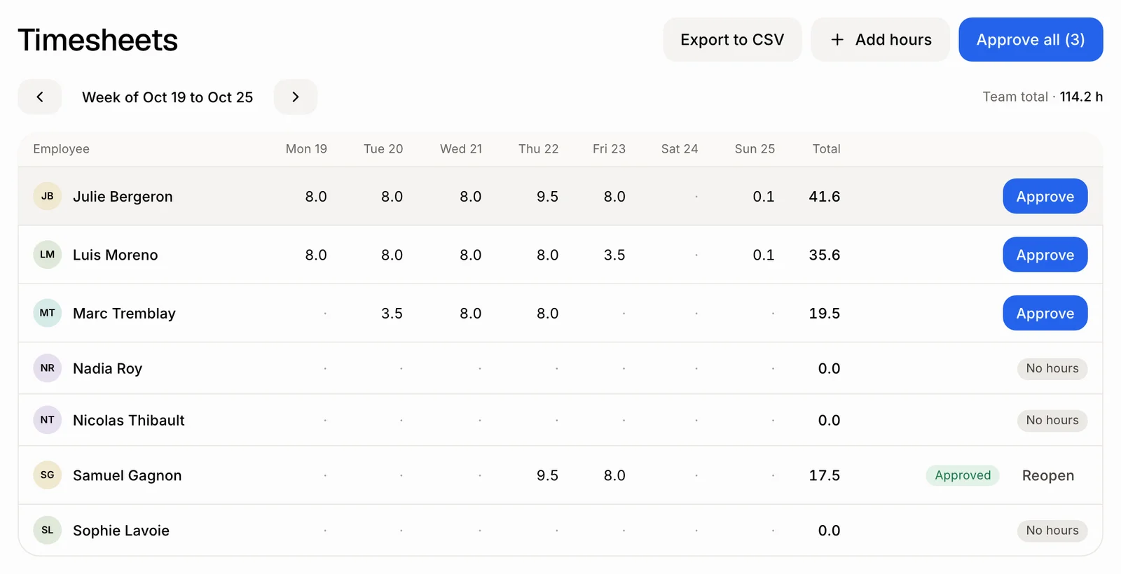 The Timesheets page with Approve all