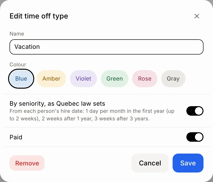 The By seniority switch on the Vacation type