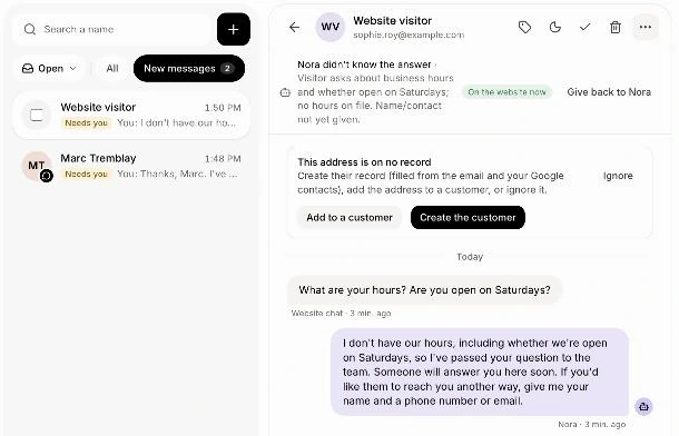 A chat Nora passed to you, under New messages