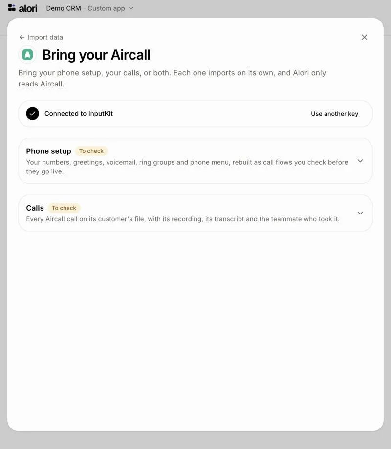 The Aircall page: connected, with the Phone setup and Calls boxes