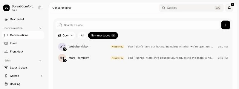 Website chats under New messages