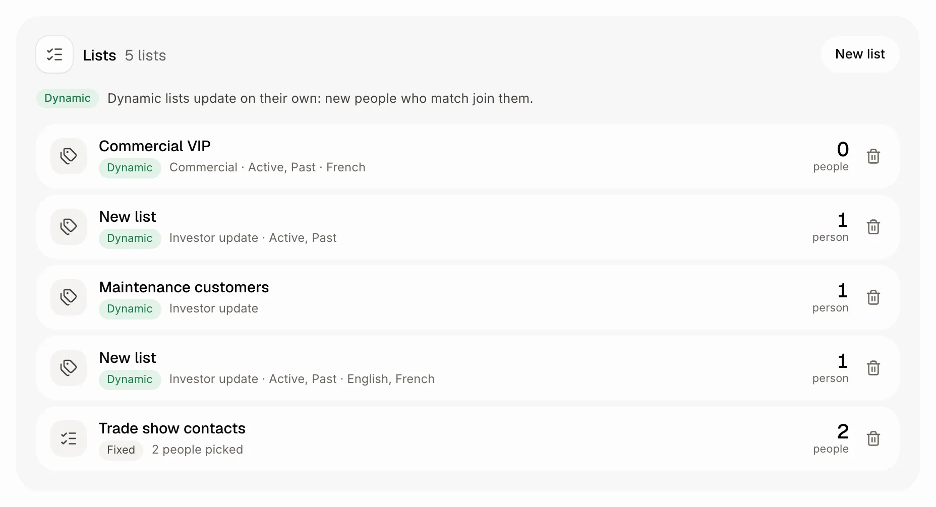 La page Listes avec trois listes